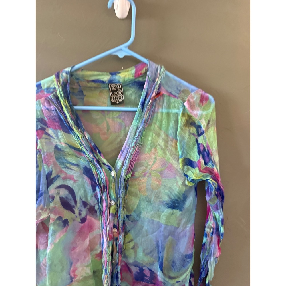 Casual Studio Womens Small Sheer Watercolor Abstract Print Button Up Blouse Blue - Picture 2 of 8